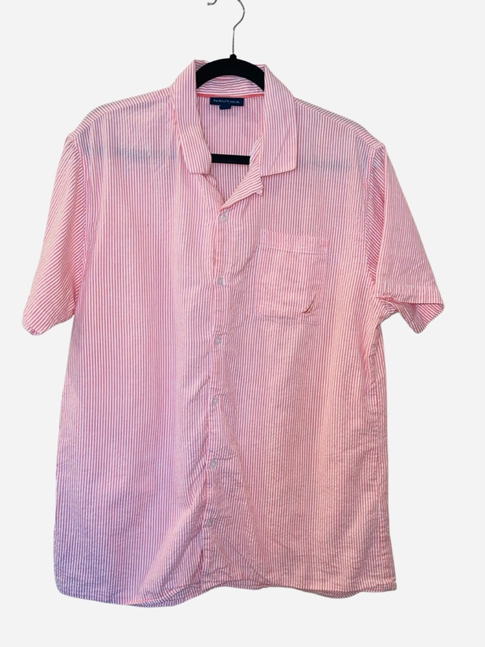 Nautica Men's Pink White Striped Seersucker Shirt Short Sleeves Size: XL